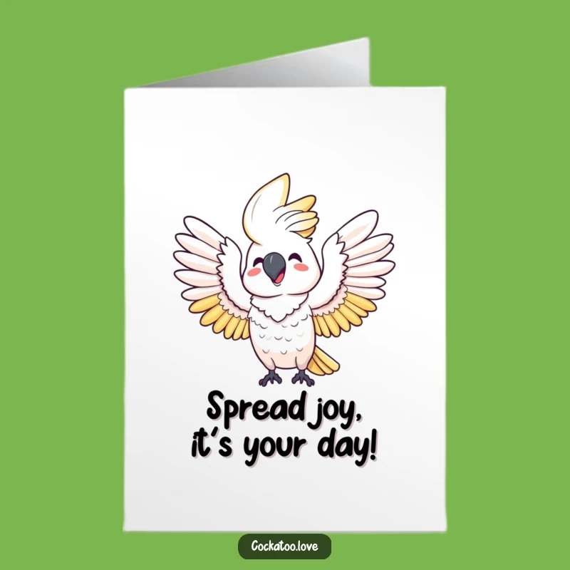 Free Printable Birthday Card: Happy Cockatoo Wing Stretch Design for Joyful Downloadable Gift