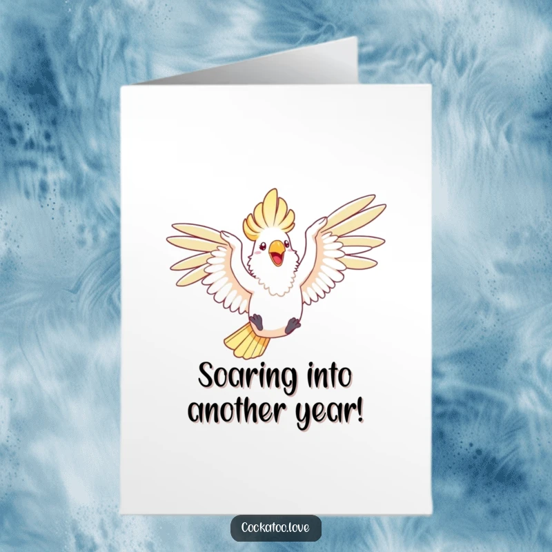 Funny Free Printable Birthday Card: A happy cockatoo with wings spread wide, joyfully leaping through the air.