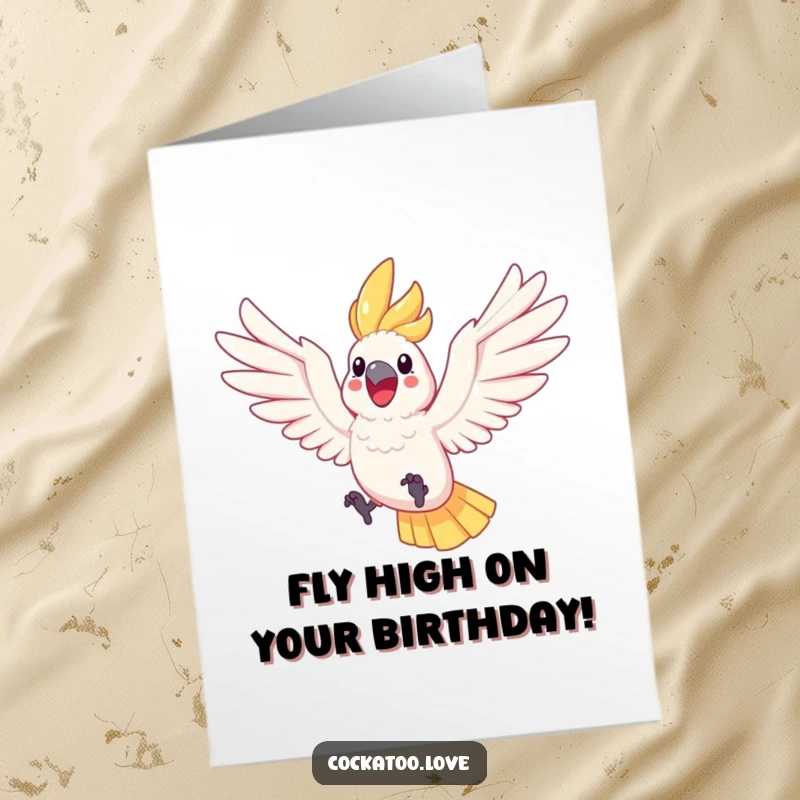 Funny Free Printable birthday card: A happy cockatoo with wings spread wide, leaping joyfully in the air.