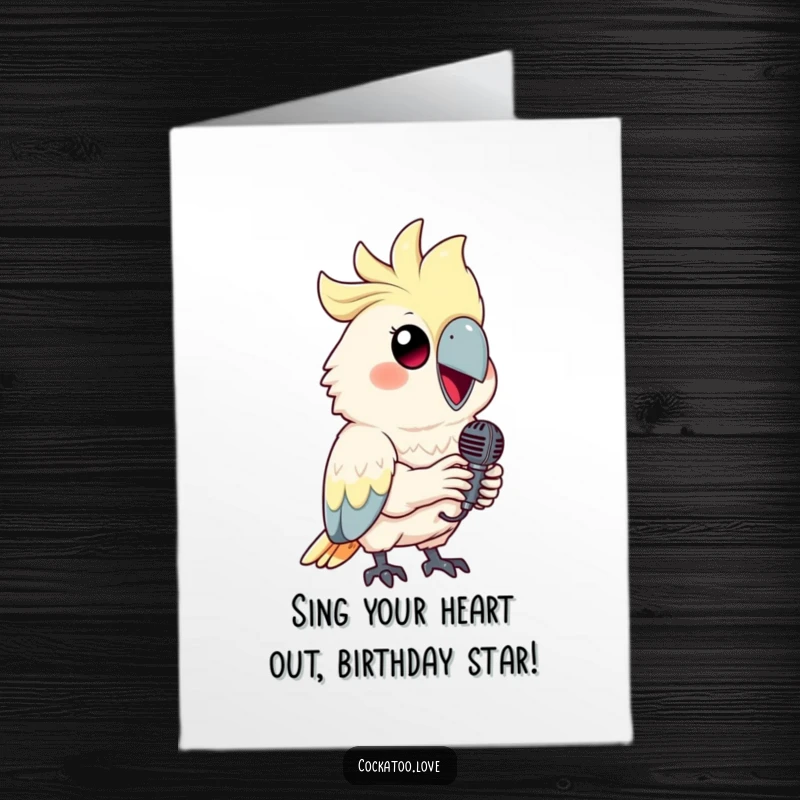 Funny Free Printable Birthday Card: A cockatoo with a bright smile holding a tiny microphone, ready to sing.