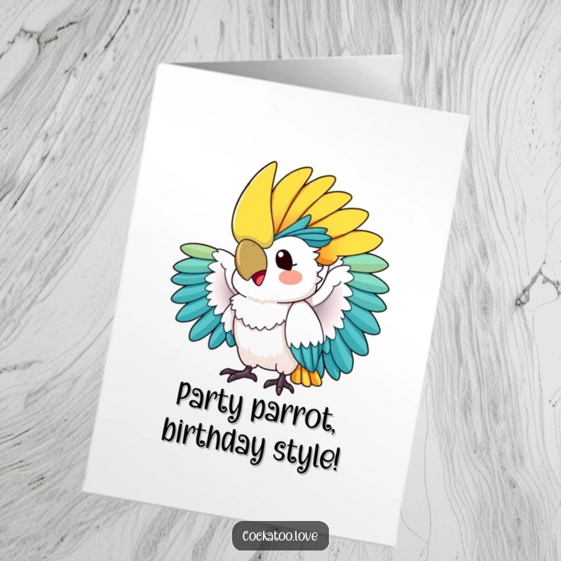 Free Printable Birthday Card: A vibrant cockatoo excitedly fanning its brightly colored crest, ready to celebrate.