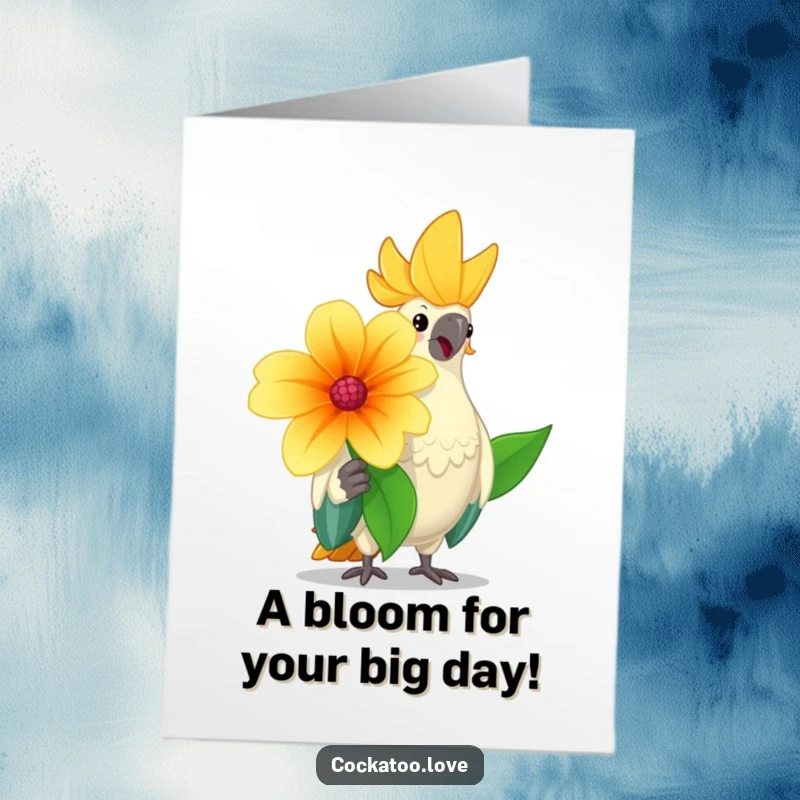 Free Printable Cockatoo Birthday Card: A cheerful cockatoo offers a big flower with a friendly nod, perfect for birthday greetings.