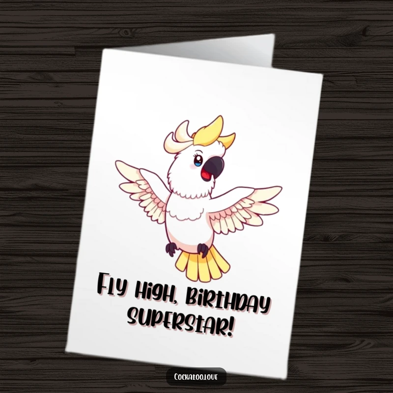 Funny Free Printable Birthday Card: Happy cockatoo spread wings, playfully posing mid-flight with sheer delight.