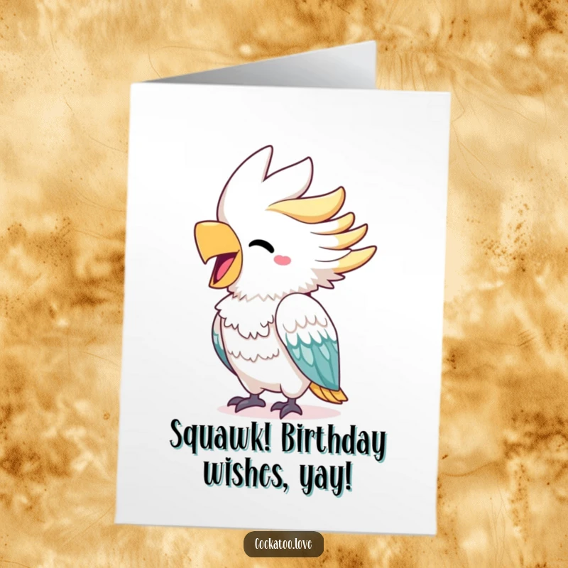 Funny Free Printable Birthday Card: Cheerful cockatoo with bright beak squawking loudly with pure delight.