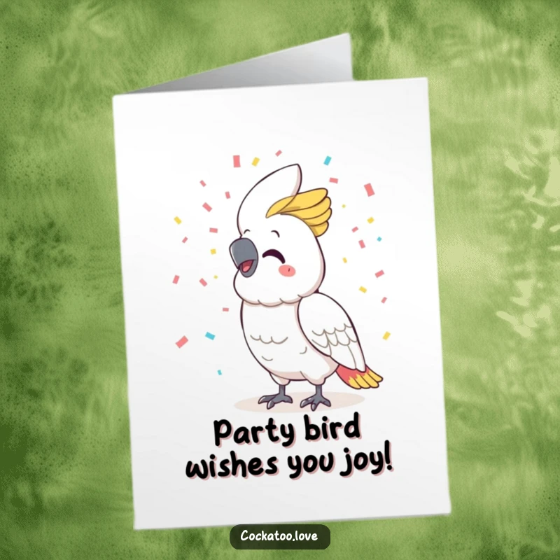 Funny Free Printable Birthday Card: A smiling cockatoo joyfully throws colorful confetti, celebrating with infectious enthusiasm.