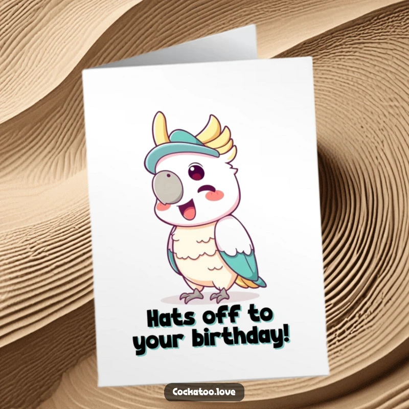 Funny Free Printable Birthday Card: A cockatoo in a tiny hat joyfully squawking with glee, celebrating.