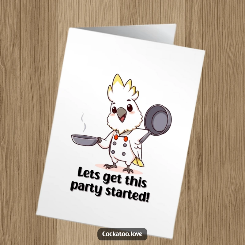 Funny Free Printable Birthday Card: A happy cockatoo chef character energetically tossing a pretend pan with a smile.