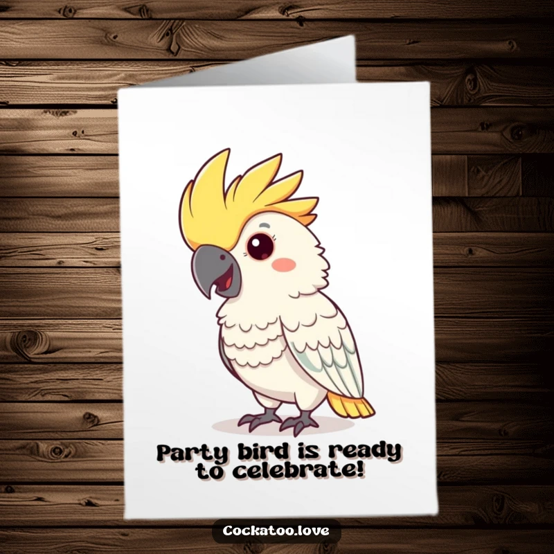 Funny Free Printable Birthday Card: A cheerful cockatoo with a flamboyant crest nodding happily, ready to celebrate.