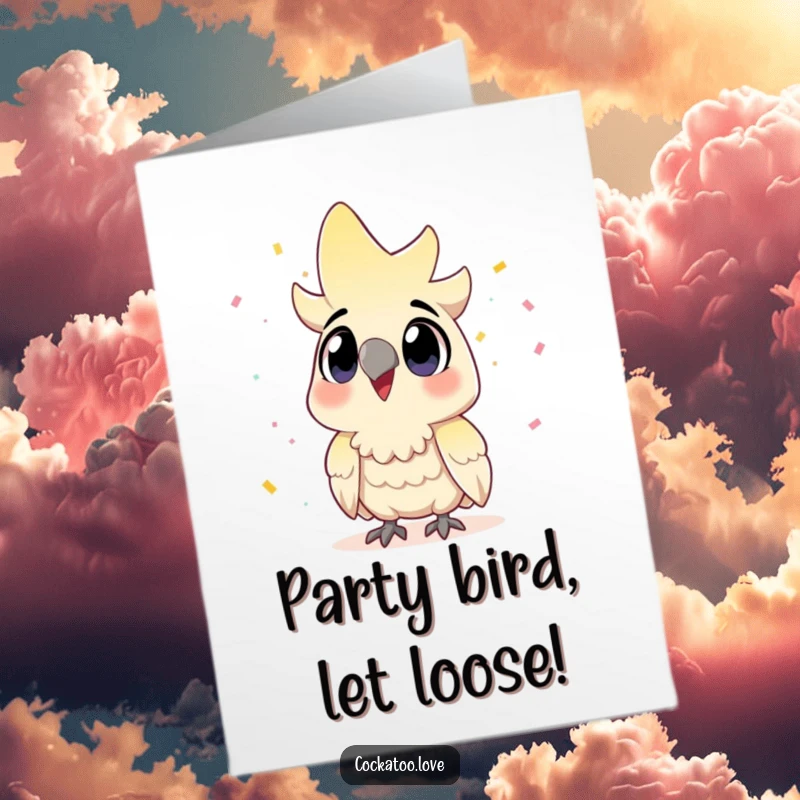 Funny Free Printable Birthday Card: Excited Cockatoo with Wide Eyes Gazing Up at Floating Confetti