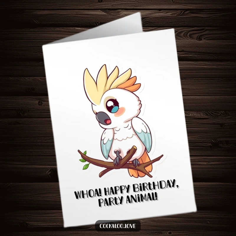 Funny Free Printable Birthday Card: A wide-eyed cockatoo comically falling from a tree branch, mid-surprise.