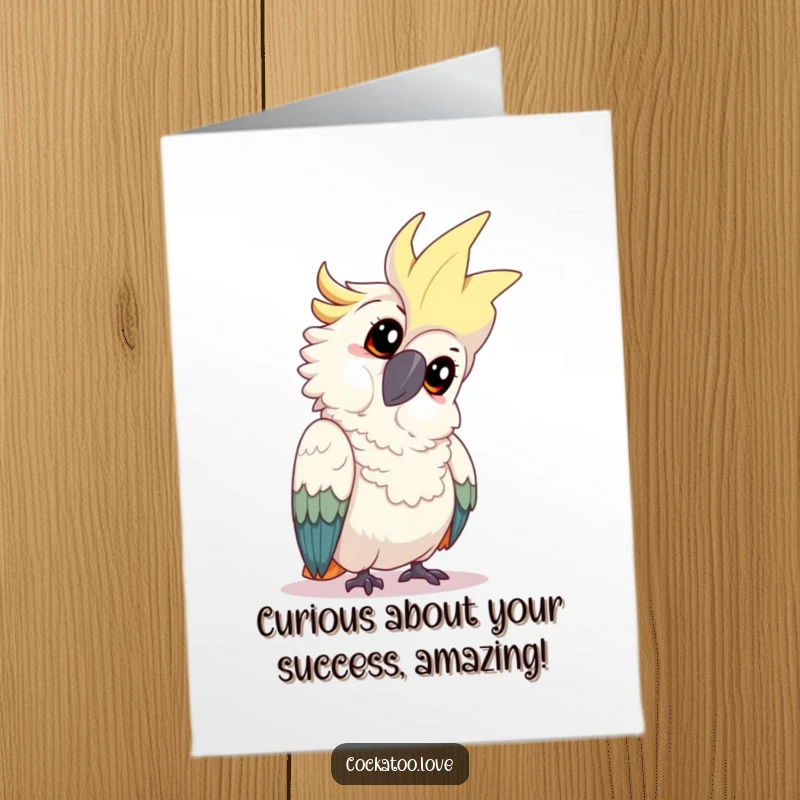 Funny Free Printable Congratulations Card: Playful cockatoo tilting its head inquisitively about your amazing success.