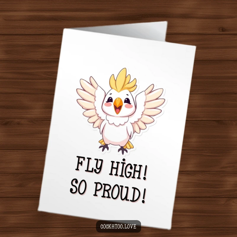 Funny Free Printable Congratulations Card showing a cockatoo with wings spread wide, bursting with ecstatic joy.