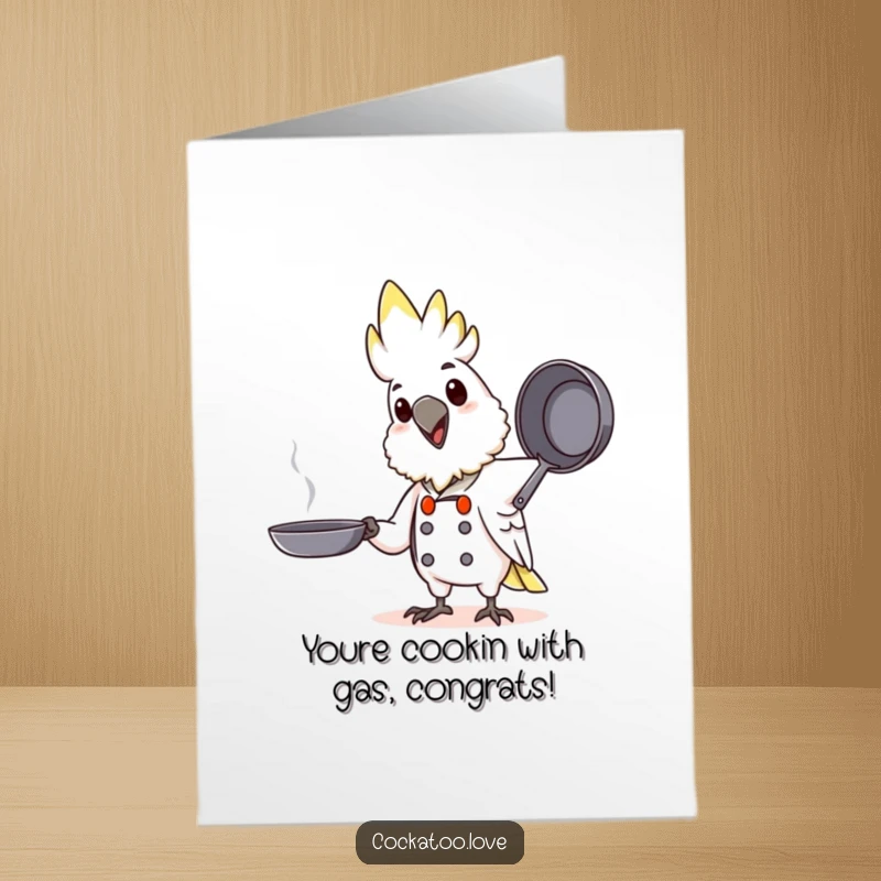 Funny Free Printable Congratulations Card: A cockatoo dressed as a chef happily tosses a pretend pan, celebrating.