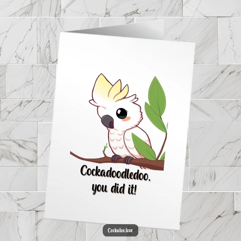 Funny Free Printable Congratulations Card featuring a curious cockatoo tilting its head, peeking from a leaf.