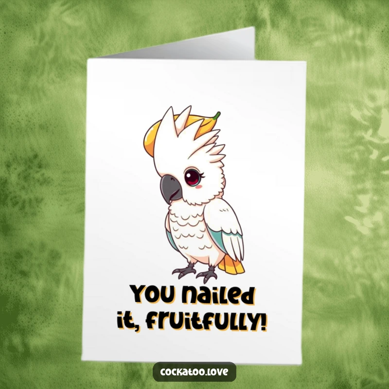 Funny Free Printable Congratulations Card: A determined cockatoo with a focused gaze, expertly balancing fruit on its head.