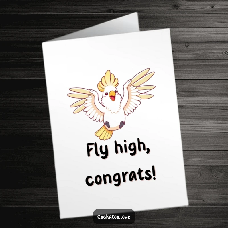 Funny Free Printable Congratulations Card: A cockatoo with outstretched wings, leaping with pure exhilaration and happiness.