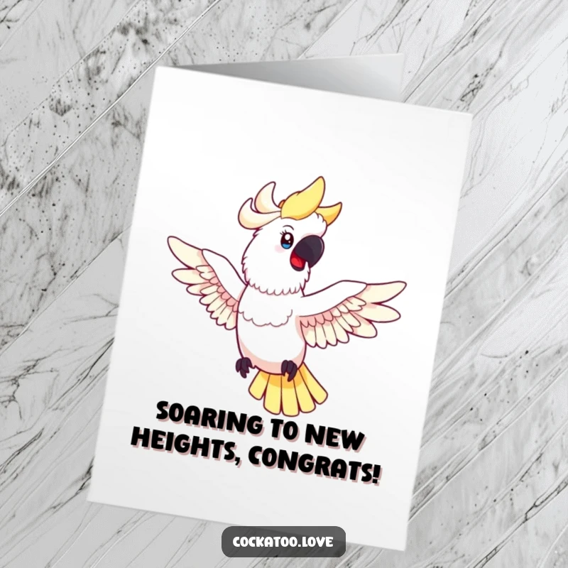 Funny Free Printable Congratulations Card: Happy cockatoo spread wings, playfully posing mid-flight celebrating success.