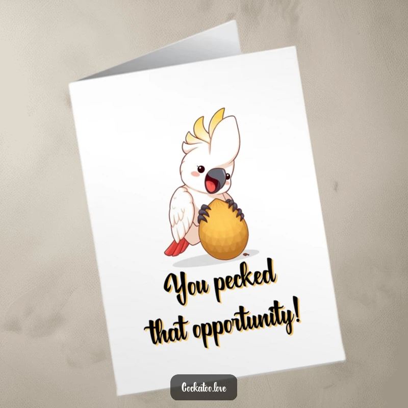Free printable congratulations card showing a happy cockatoo bird contentedly pecking at a large seed.