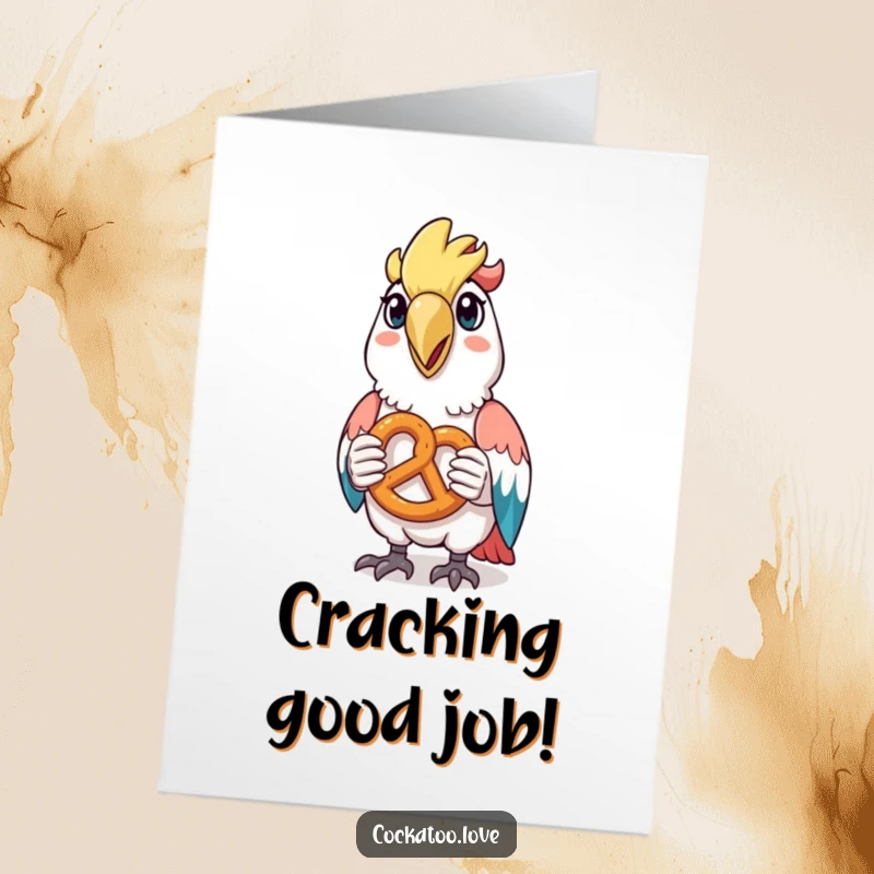 Funny Free Printable Congratulations Card showing a cockatoo happily holding a tiny pretzel, celebrating their win.