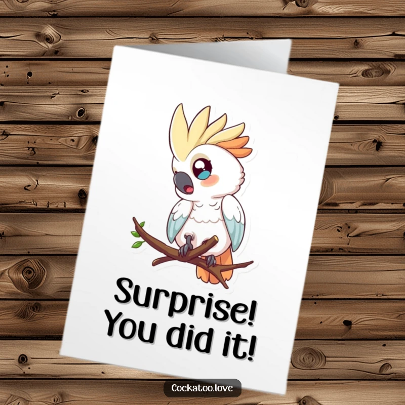 Funny Free Printable Congratulations Card: A shocked cockatoo with bugging eyes, comically tumbling off a perch.