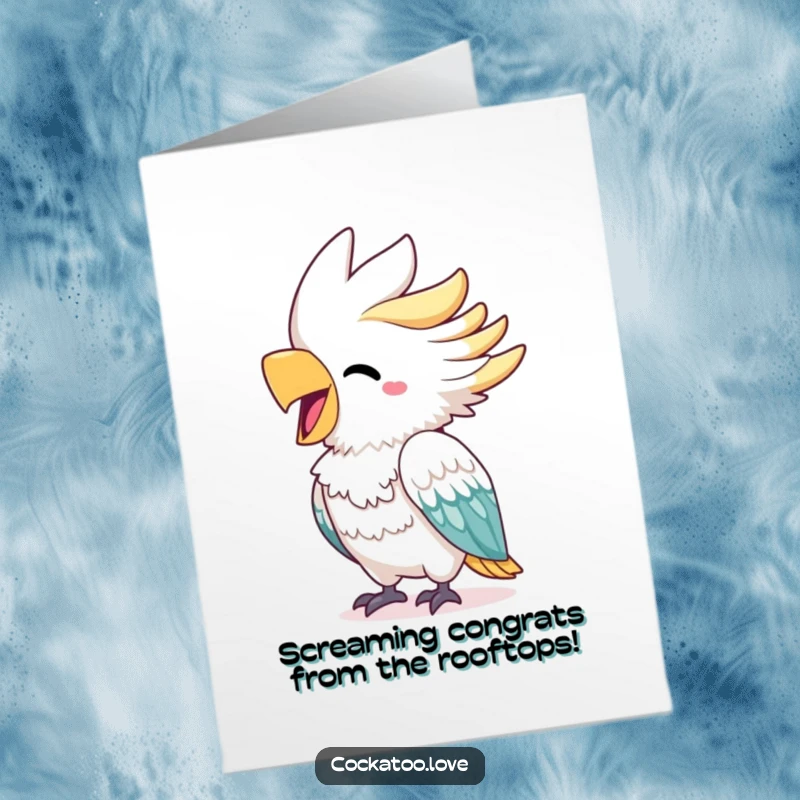 Funny Free Printable Congratulations Card: Cheerful cockatoo with bright beak squawking with excitement for your success.