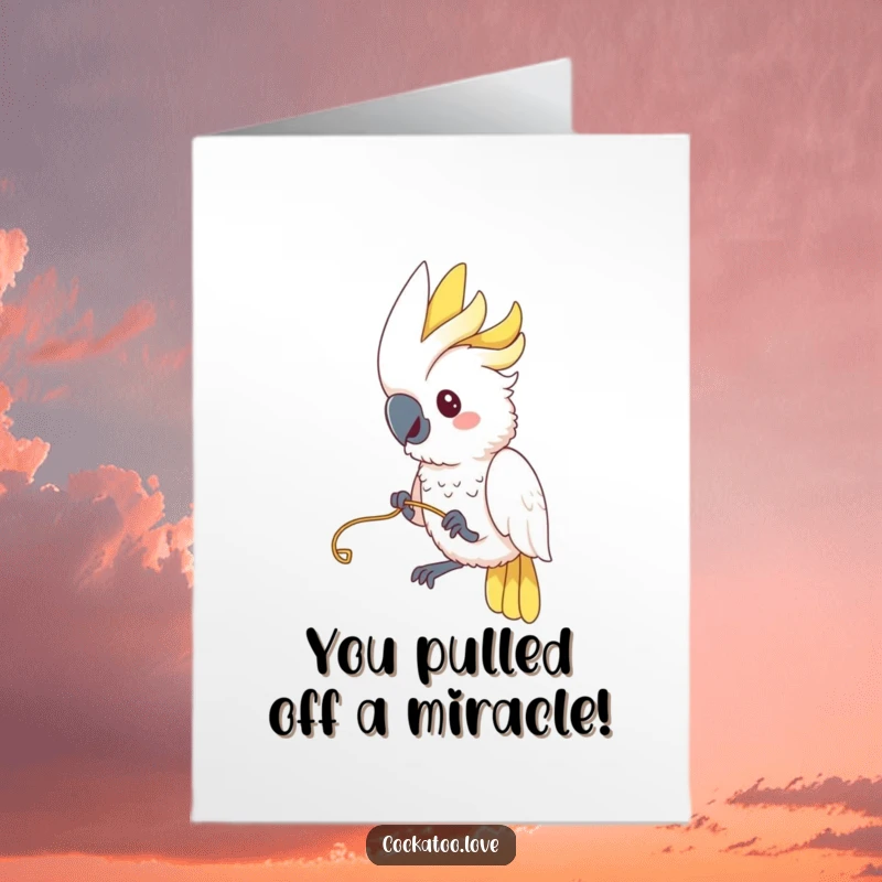Free Printable Congratulations Card: A cockatoo enthusiastically pulls on a string, caught in a moment of playful mischief.