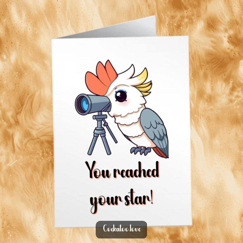 Free Printable Congratulations Card: A curious cockatoo looks through a telescope with wonder, celebrating achievements.