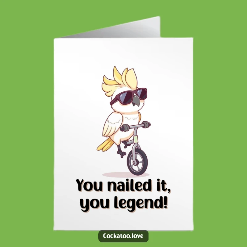 Free Printable Funny Cockatoo Congrats Card: Unicycle Sunglasses Celebration Downloadable Gift