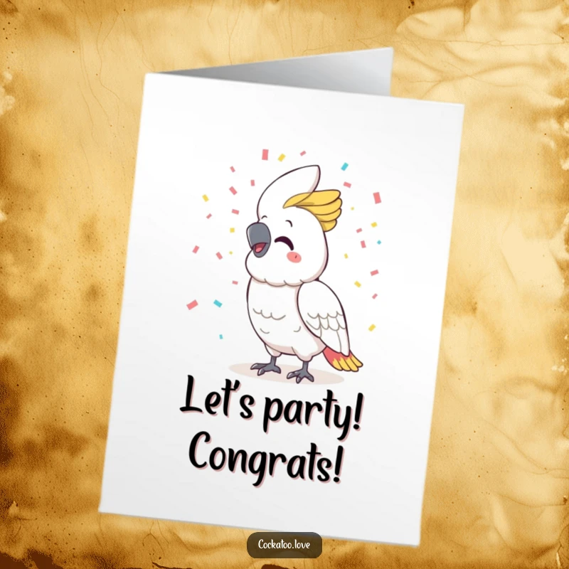Funny Free Printable Congratulations Card: A beaming cockatoo tosses confetti, exuding pure joy and excitement for their success.
