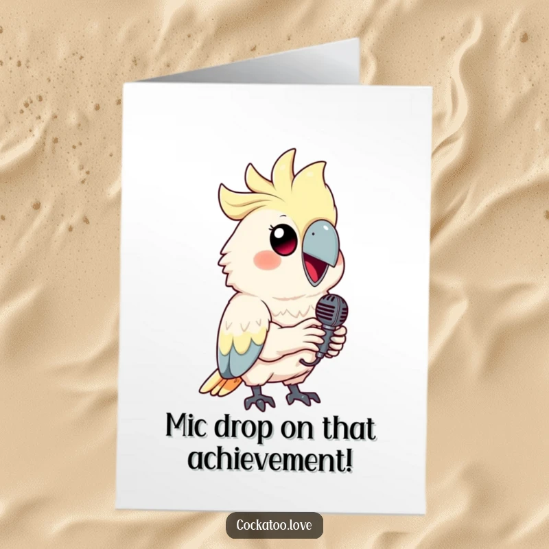 Funny Free Printable Congrats Card: A cockatoo with a bright smile holding a tiny microphone, celebrating success.