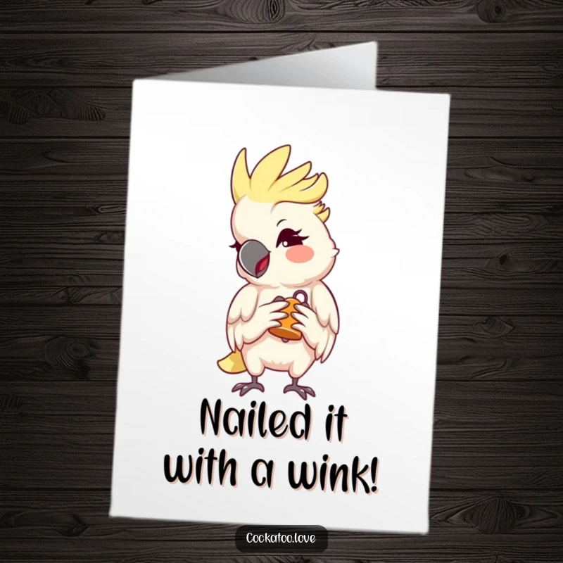Funny Free Printable Congratulations Card: Cockatoo winks cheekily, holding a tiny bell, perfect for a humorous, downloadable card.