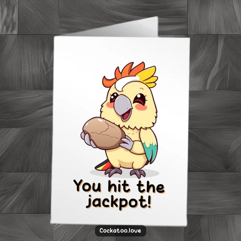 Funny Free Printable Congratulations Card of a cockatoo offering a shiny pebble with a big, proud grin.