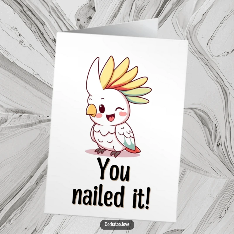 Funny Free Printable Congratulations Card of a happy cockatoo with an impressively vibrant crest raised high in celebration.