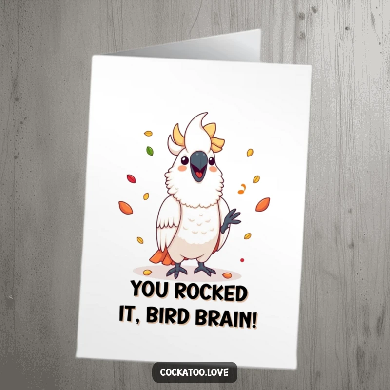Funny Free Printable Congratulations Card: A vibrant cockatoo joyfully juggling colorful seeds, celebrating success in a unique, humorous way.