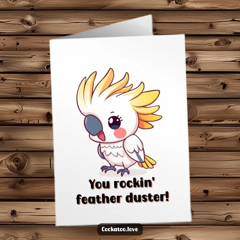 Funny Free Printable Congratulations Card: Cute cockatoo energetically bobbing colorful head in celebration.