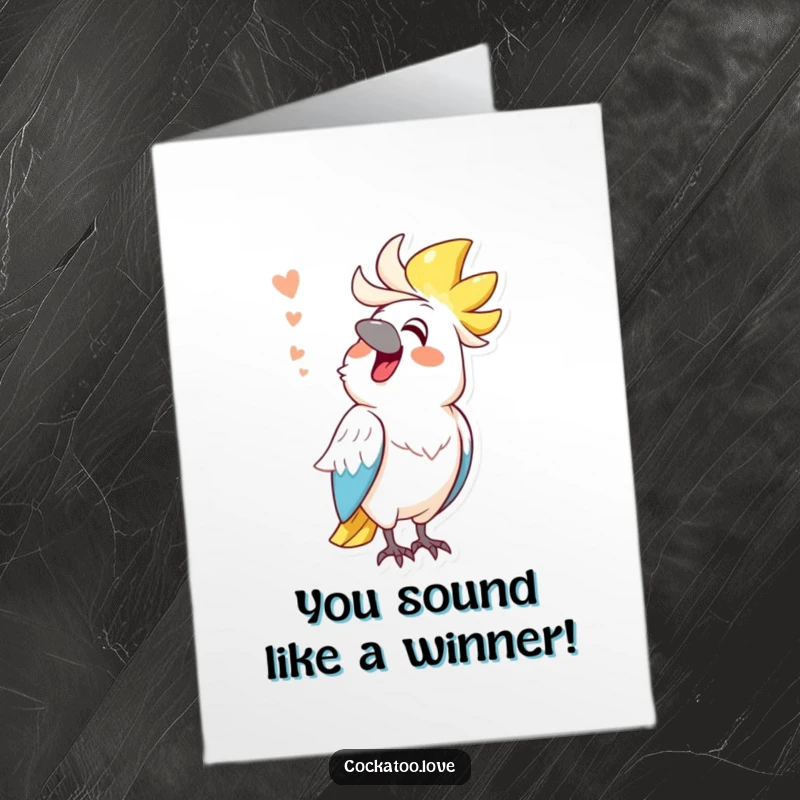 Funny Free Printable Congratulations Card of a cockatoo character comically mimicking a funny sound, spreading amusement.
