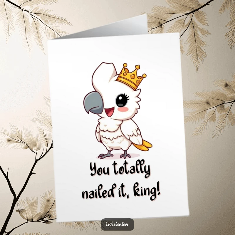 Free Printable Congratulations Card: A funny cockatoo in a tiny crown strikes a regal pose, perfect for congratulating someone.
