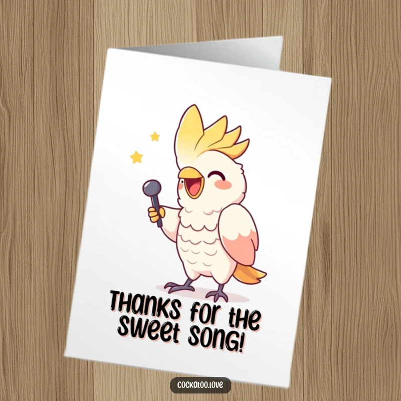 Funny Free Printable cockatoo character mimicking a triumphant singer, giving a standing ovation thank you.