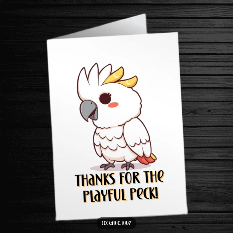 Funny Free Printable cockatoo character with a mischievous grin playfully pecking, a cheeky thank you with flair.