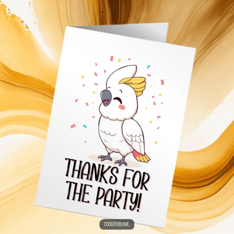 Funny Free Printable Thank You Card: A happy cockatoo showers confetti, expressing thanks with a cheerful and memorable gesture.