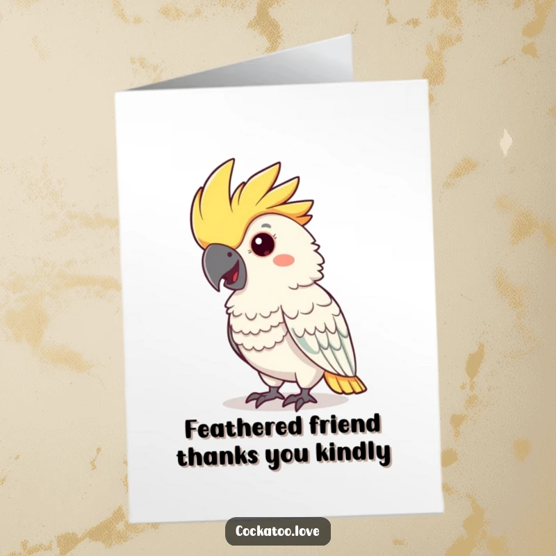 Funny Free Printable Thank You Card: A cheerful cockatoo with a flamboyant crest nodding a thankful greeting.