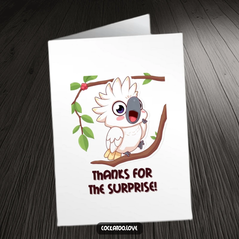 Funny Free Printable Thank You Card depicting a wide-eyed, surprised cockatoo unexpectedly tumbling from a branch.