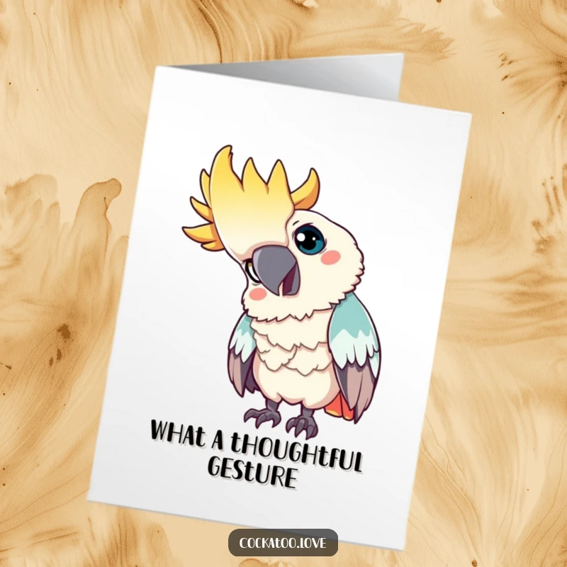 Free Printable Thank You Card: A curious cockatoo tilting its head, looking at something with deep interest.
