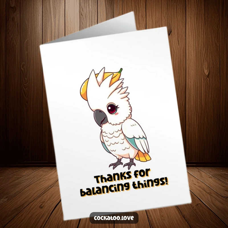 Funny Free Printable Thank You Card: A cockatoo with intense concentration balancing a large fruit, symbolizing dedication.