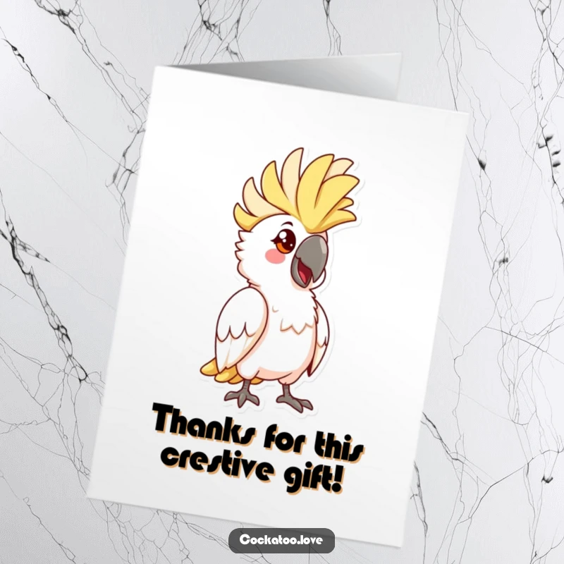 Funny Free Printable Thank You Card: A cockatoo with its crest flared, striking a quirky and amusing pose of appreciation.