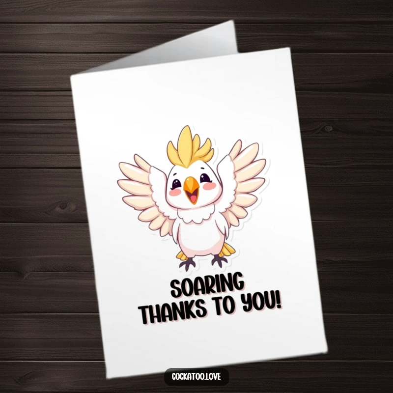 Funny Free Printable Thank You Card featuring a cockatoo with wide-spread wings, radiating happiness and thanks.