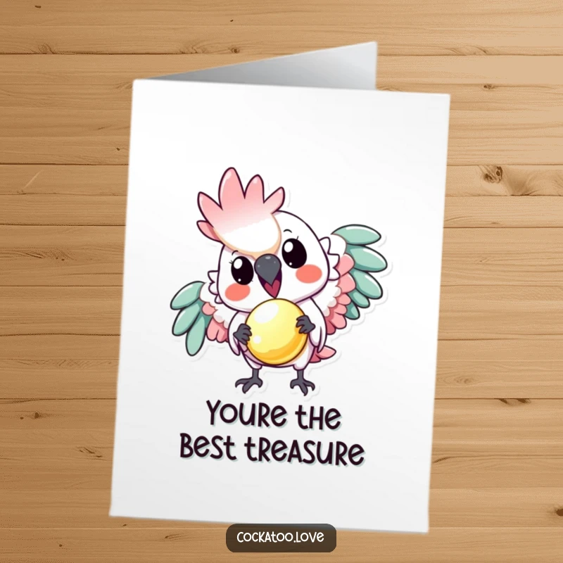 Free Printable Thank You Card: A playful cockatoo presents a tiny, shiny object as a gesture of thanks.