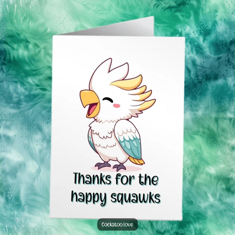 Funny Free Printable Thank You Card: Cheerful cockatoo with bright beak squawking happily to say thanks.