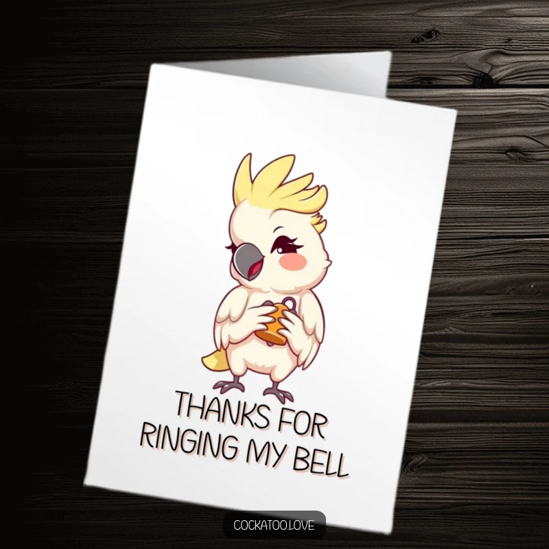 Funny Free Printable Thank You Card: Cockatoo gives a mischievous wink while holding a tiny bell, a humorous, downloadable surprise.