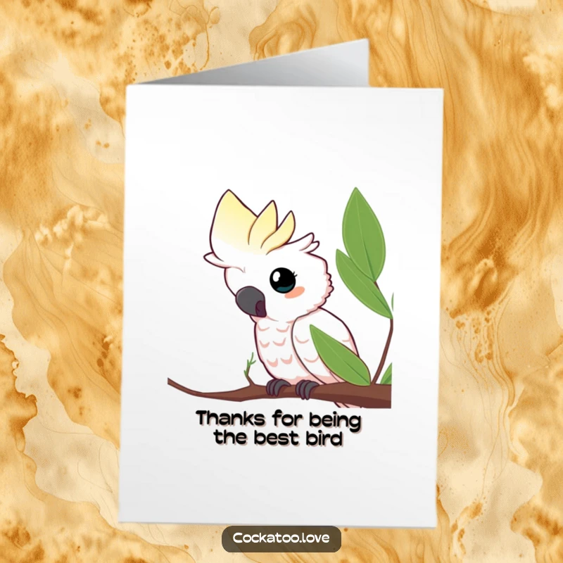 Funny Free Printable Thank You Card with a curious cockatoo peeking out from behind a leaf.